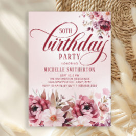 Convites Chic Pink Burgundy Floral Glam 50th Birthday
