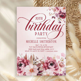 Convites Chic Pink Burgundy Floral Glam 70th Birthday