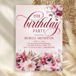Convites Chic Pink Burgundy Floral Glam 75th Birthday