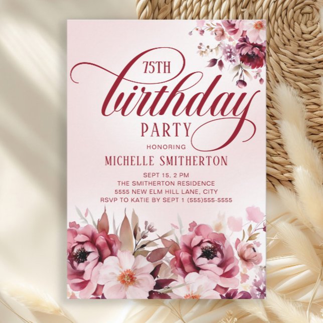 Convites Chic Pink Burgundy Floral Glam 75th Birthday (Burgundy and pink watercolor floral 75th birthday party invitation)