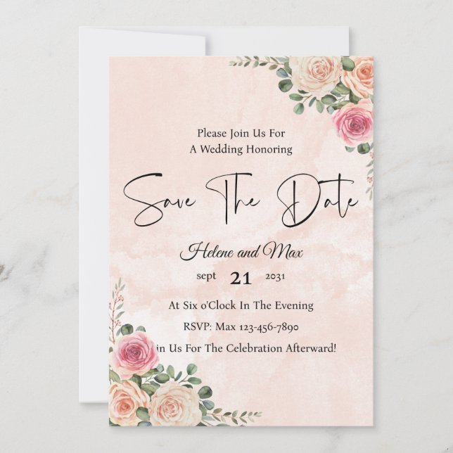 Convites Chic Pink Cream Floral Wedding Save the Date  (Frente)