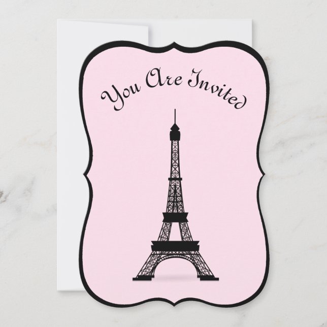 Convites Chic Pink e Black French Style Torre Eiffel (Frente)