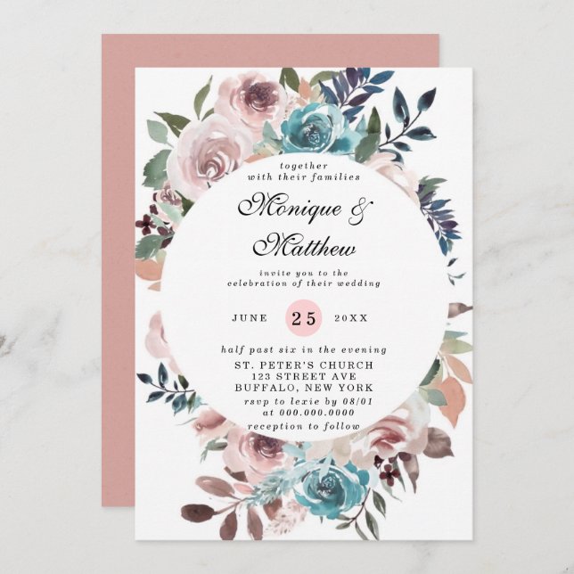 Convites Chic Pink e Teal Watercolor Casamento Peony Invita (Frente/Verso)