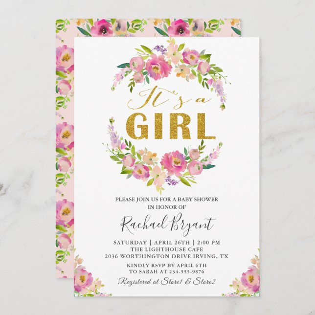 Convites Chic Pink Floral É um Chá de fraldas de Garota (Frente/Verso)