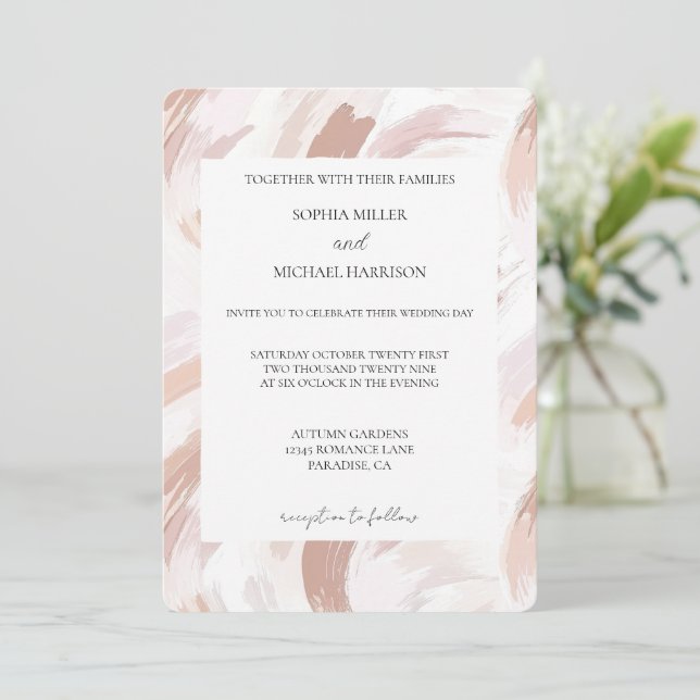 Convites Chic Pink Rose Abstract Wedding (Em pé/Frente)