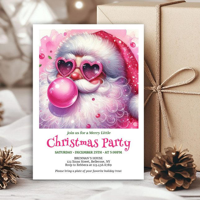 Convites Chic pink santa bubble gum watercolor Christmas  (Chic pink santa bubble gum watercolor Christmas invite)