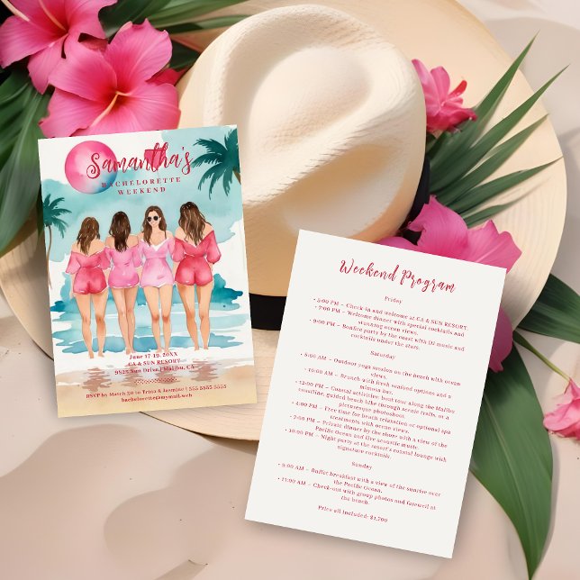 Convites Chic Pink Tropical Landscape Brunettes Girl (Chic Pink & Blue Shades Tropical Landscape Brunettes Girls Bachelorette Weekend Invitations Cards. )