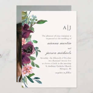 Convites Chic Plum Watercolor Floral no Blush Photo Wedding
