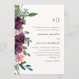 Convites Chic Plum Watercolor Floral no Peach Blush Weding
