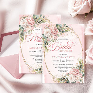 Convites Chic Poeira Rosa Floral Dourado Brilho Noiva Chuva