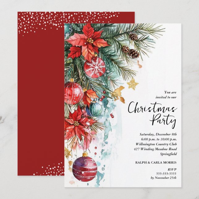 Convites Chic Poinsettia Christmas Party (Frente/Verso)