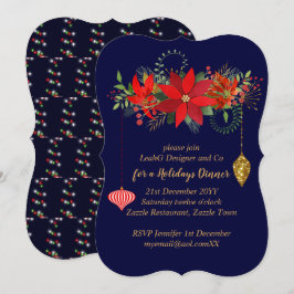 Convites Chic Poinsettia Natal Azul Vermelho Dourado Modern