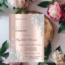 Convites Chic Prata Brilho Gotas Rosa Dourado Bat Mitzvah