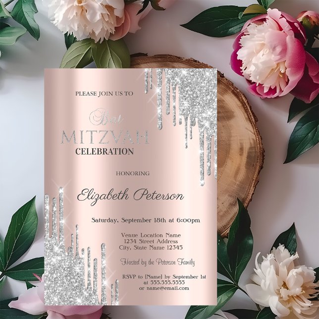 Convites Chic Prata Brilho Gotas Rosa Dourado Bat Mitzvah (Criador carregado)