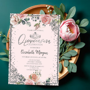 Convites Chic Prata Tiara,Rosas Pink Diamante Quinceañera