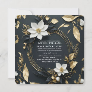 Convites Chic Preto Branco Dourado Coroa Floral Casamento F
