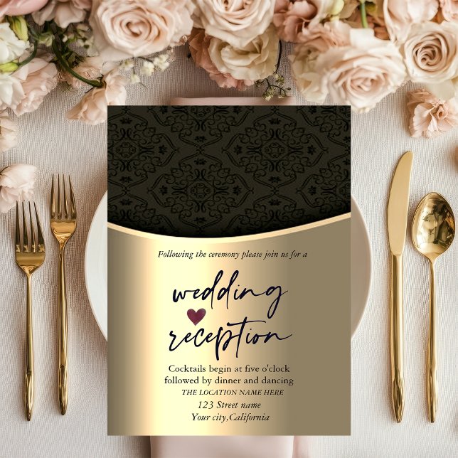 Convites Chic Preto Damasco Dourado Recepção de Casamento (Criador carregado)