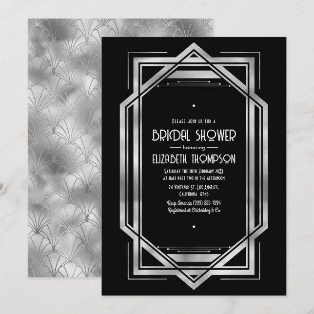 Convites Chic Preto & Prata Gatsby Art Deco Chá de Noiva (Frente/Verso)