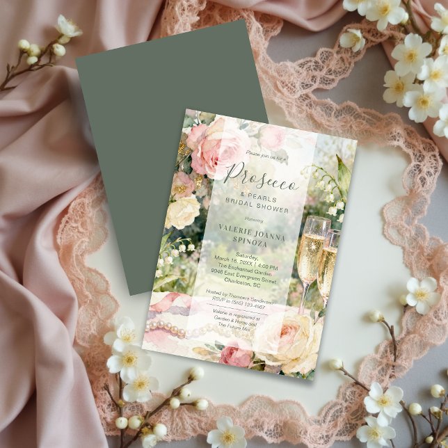 Convites Chic Prosecco e Pérolas Brinde de Noiva com Brilho (Chic Serene Prosecco & Pearls Glitter Bridal Shower Invitation Card Featuring Elegant Feminine Cards)