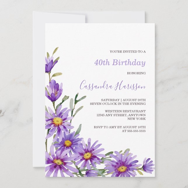 Convites Chic Purple Aster Floral Birthday (Frente)