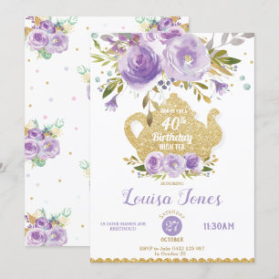 Convites Chic Purple Floral aniversário de 40 anos Tea Part