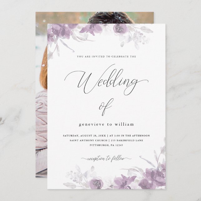 Convites Chic Purple Floral com Caligrafia Fotográfica (Frente/Verso)