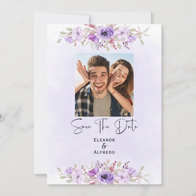 Convites Chic Purple Floral Wedding Save the Date (Frente)