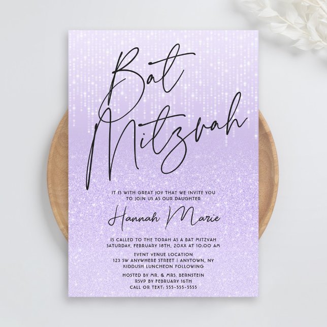 Convites Chic Purple Glitter Bat Mitzvah (Criador carregado)