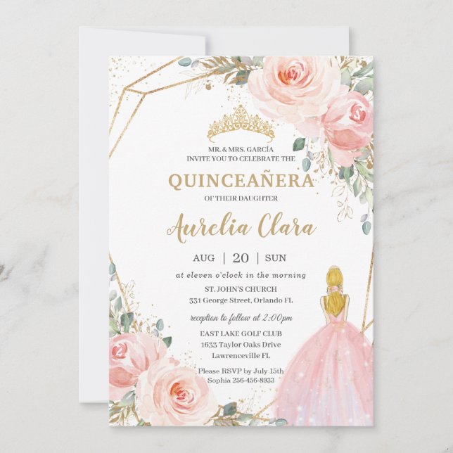 Convites Chic Quinceañera Blush Floral Louro Rosa Rosa Aniv (Frente)