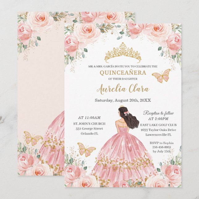 Convites Chic Quinceañera Blush Rosa Dourado (Frente/Verso)