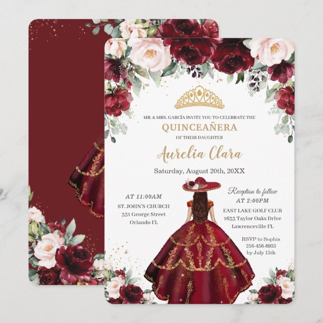 Convites Chic Quinceañera Burgundy Blush Floral Charro Dour (Frente/Verso)