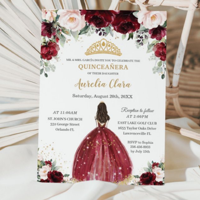 Convites Chic Quinceañera Burgundy Blush Princesa Floral (Criador carregado)