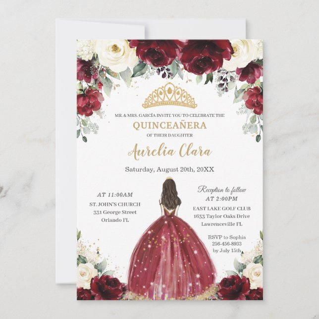 Convites Chic Quinceañera Burgundy Ivory Floral Princess (Frente)