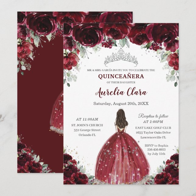 Convites Chic Quinceañera Burgundy Princesa Floral Silver (Frente/Verso)