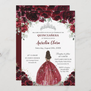 Convites Chic Quinceañera Burgundy Princesa Floral Silver