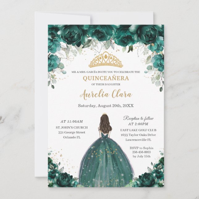 Convites Chic Quinceañera Emerald Green Floral Princesa (Frente)