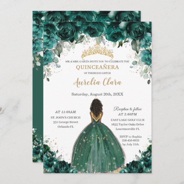 Convites Chic Quinceañera Emerald Green Floral Princesa (Frente/Verso)