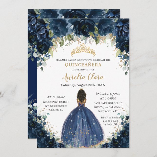 Convites Chic Quinceañera Marinho Blue Floral Brown Princes (Frente/Verso)