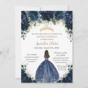 Convites Chic Quinceañera Marinho Blue Floral Princesa Coro