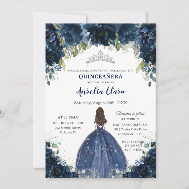 Convites Chic Quinceañera Marinho Blue Floral Princess Silv (Frente)
