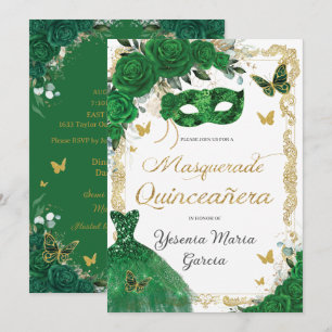 Convites Chic Quinceañera Mascarada Emerald Green Floral