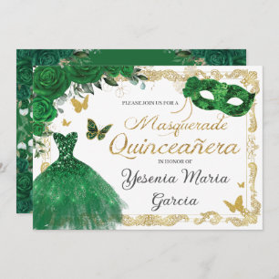 Convites Chic Quinceañera Mascarada Emerald Green Floral I