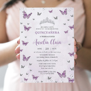 Convites Chic Quinceañera Purple Butterflies Silver