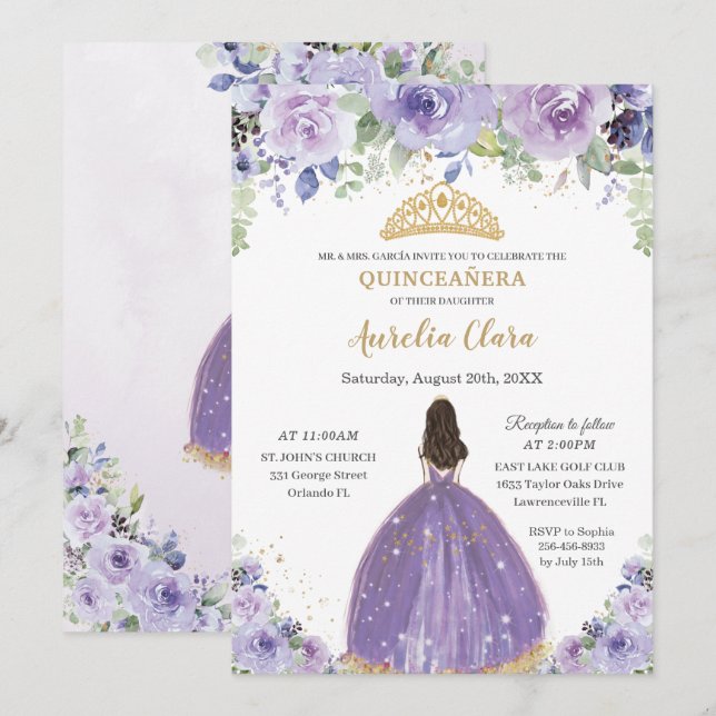 Convites Chic Quinceañera Purple Lilac Floral Princess (Frente/Verso)