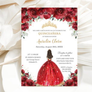 Convites Chic Quinceañera Red Floral Rosas Princesa Tiara
