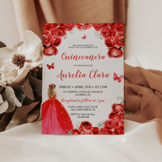 Convites Chic Quinceañera Red Floral Rosas Princesa Tiara (Criador carregado)