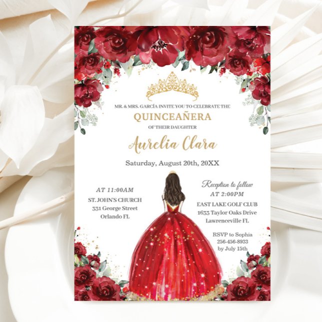Convites Chic Quinceañera Red Floral Rosas Princesa Tiara (Criador carregado)