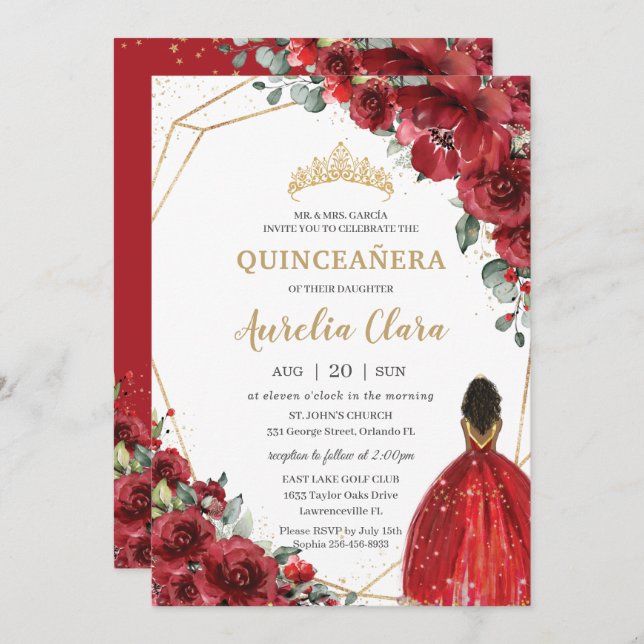 Convites Chic Quinceañera Red Flowers Floral Brown Princesa (Frente/Verso)