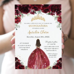 Convites Chic Quinceañera Rich Burgundy Red Floral Princes
