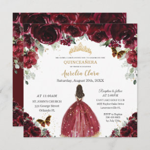 Convites Chic Quinceañera Rich Burgundy Red Floral Princesa